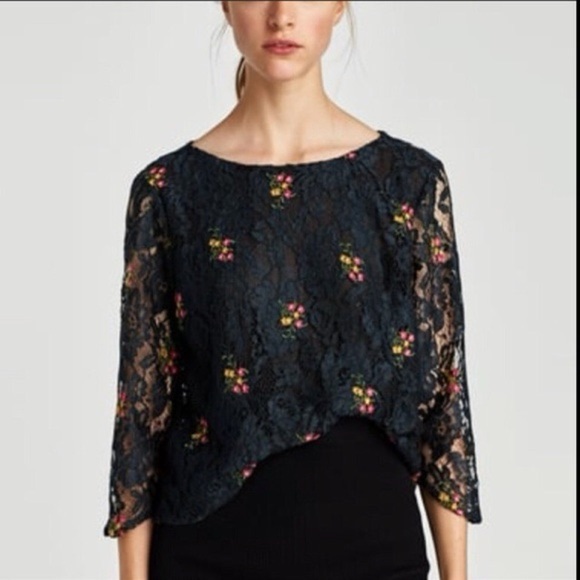 ZARA Basic Collection Black Lace Floral Blouse - XS - Picture 1 of 14